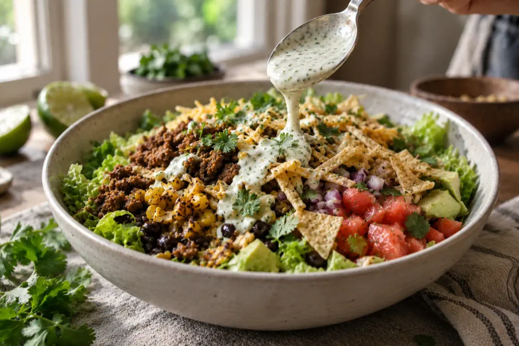 Taco Salad Recipe: Crispy Beef and Cool, Crunchy Layers in 32 Minutes 5 Drizzling lime dressing over an assembled taco salad bowl