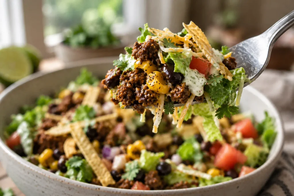 Taco Salad Recipe: Crispy Beef and Cool, Crunchy Layers in 32 Minutes 6 Fork lifting a bite of layered taco salad with beef and cheese