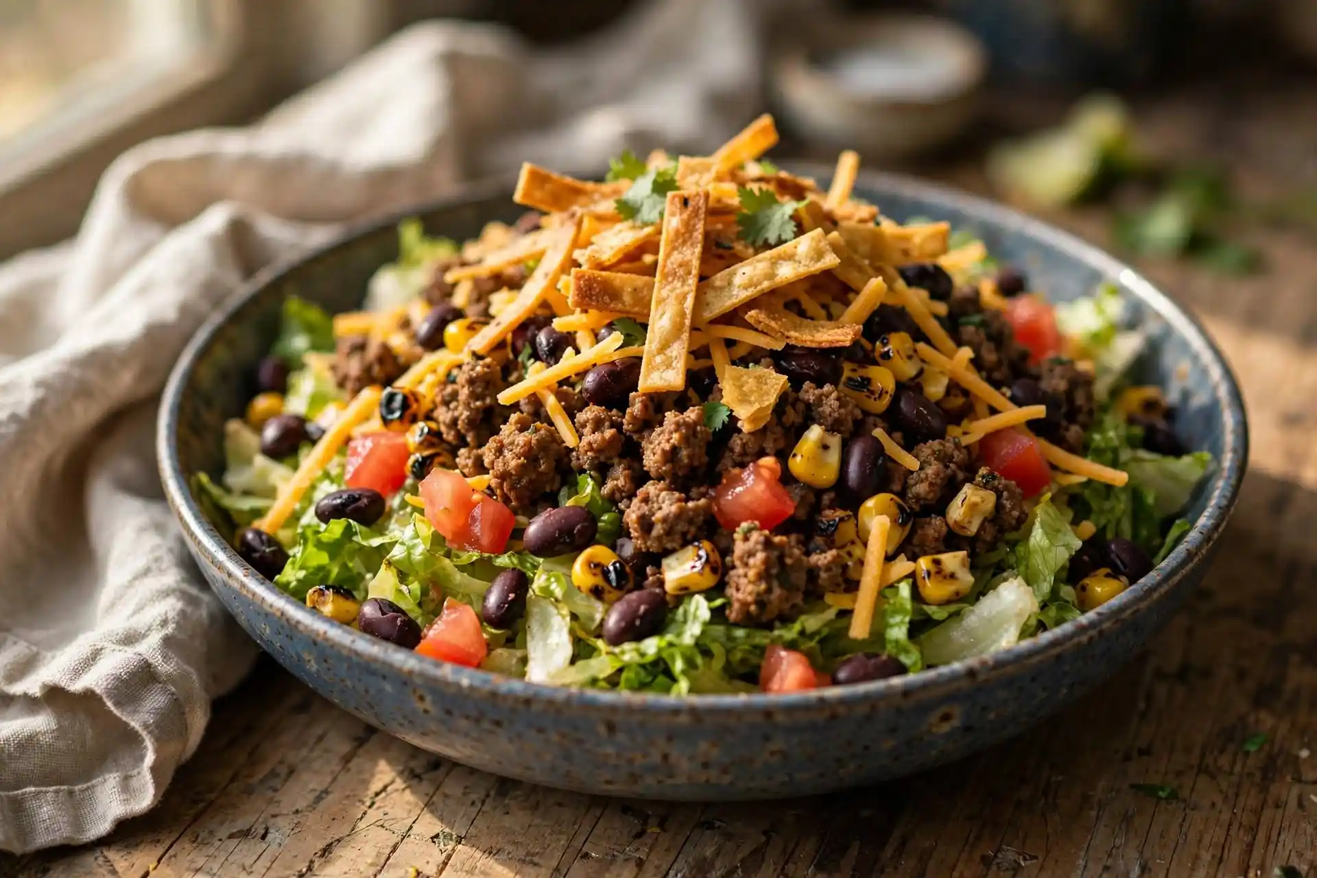 Taco Salad Recipe: Crispy Beef and Cool, Crunchy Layers in 32 Minutes 8 Layered taco salad with beef, beans, corn, and cheese in a wide bowl