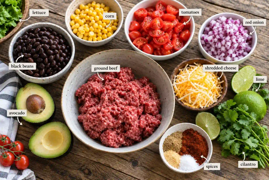 Taco Salad Recipe: Crispy Beef and Cool, Crunchy Layers in 32 Minutes 2 Overhead flat lay of raw taco salad ingredients before cooking