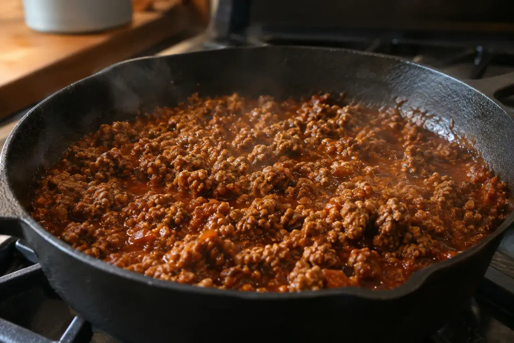 Taco Seasoning Recipe: A Smoky Homemade Spice Blend Ready in 5 Minutes 6 Ground beef simmering with taco seasoning sauce in a skillet