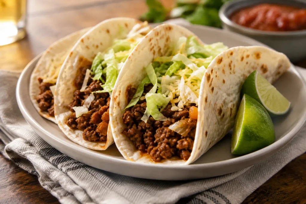Taco Seasoning Recipe: A Smoky Homemade Spice Blend Ready in 5 Minutes 7 Plated tacos made with homemade taco seasoning and lime wedges