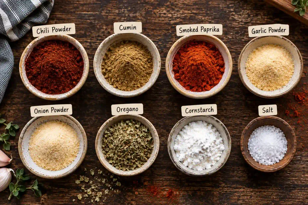Taco Seasoning Recipe: A Smoky Homemade Spice Blend Ready in 5 Minutes 3 Ingredients for taco seasoning recipe measured into small bowls overhead