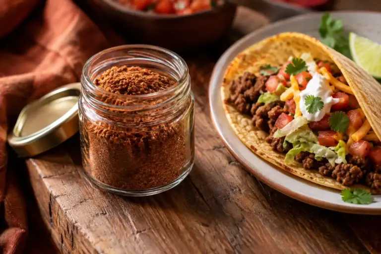 Homemade taco seasoning in a glass jar beside a finished beef taco