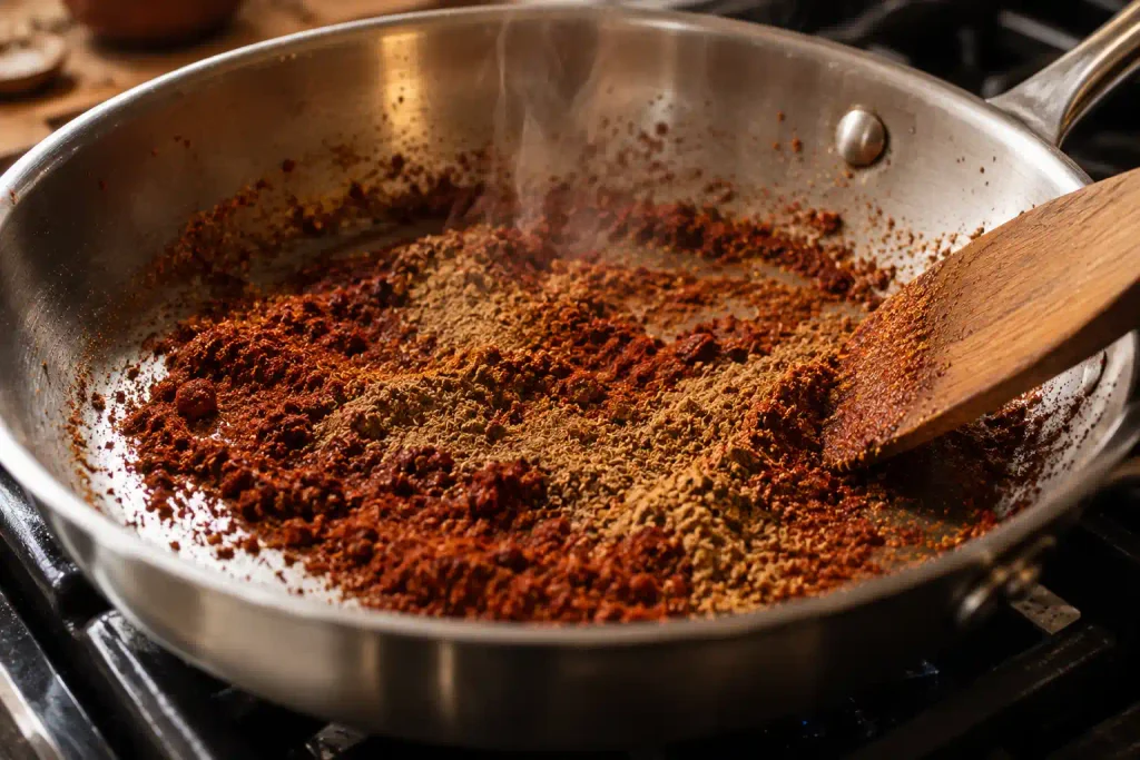 Taco Seasoning Recipe: A Smoky Homemade Spice Blend Ready in 5 Minutes 4 Toasting taco seasoning spices in a dry skillet on the stove