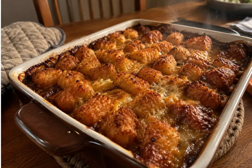 Tater Tot Casserole Recipe: Crispy Tots Over a Beef Filling, Serves 8 6 tater tot casserole baked amber tots