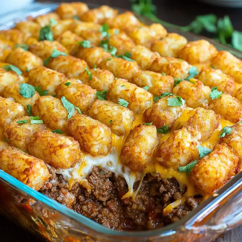 Tater Tot Casserole Recipe: Crispy Tots Over a Beef Filling, Serves 8 2 Cheesy tater tot casserole with crispy golden tots, melted cheddar and seasoned beef filling