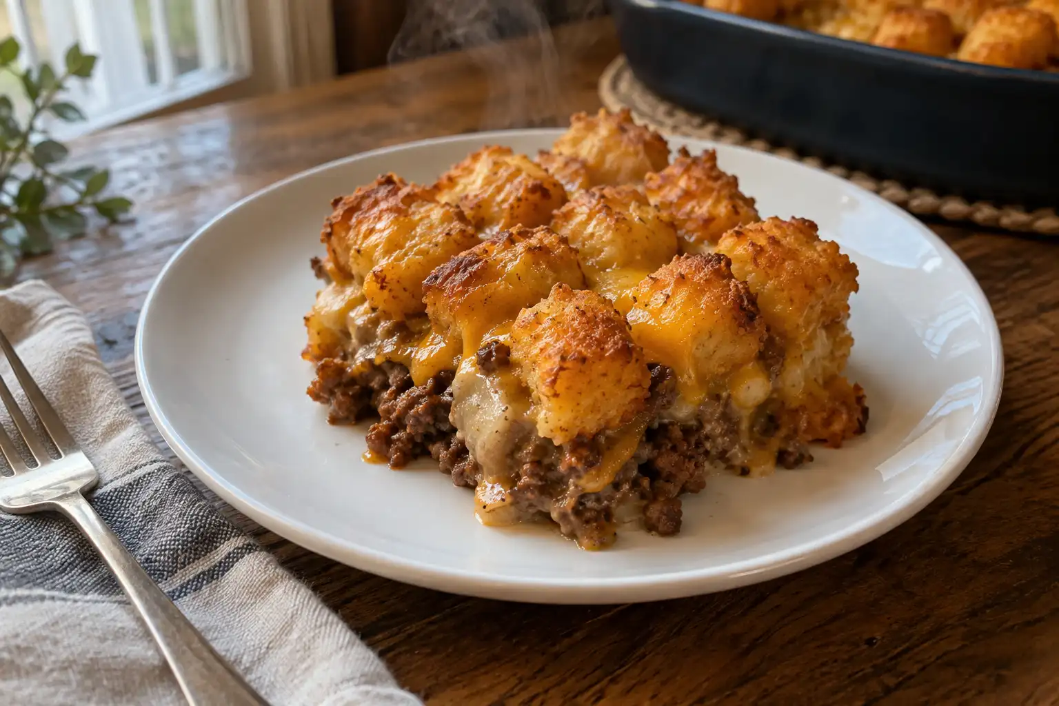 Tater Tot Casserole Recipe: Crispy Tots Over a Beef Filling, Serves 8 8 Crisp tater tot casserole square on a plate with melted cheddar and beef filling