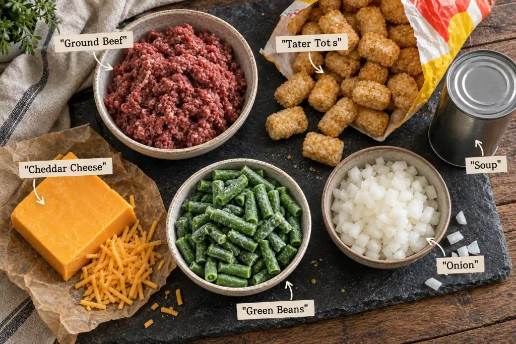 Tater Tot Casserole Recipe: Crispy Tots Over a Beef Filling, Serves 8 3 Ingredients for a ground beef tot casserole: frozen tots, cheddar, onion and green beans