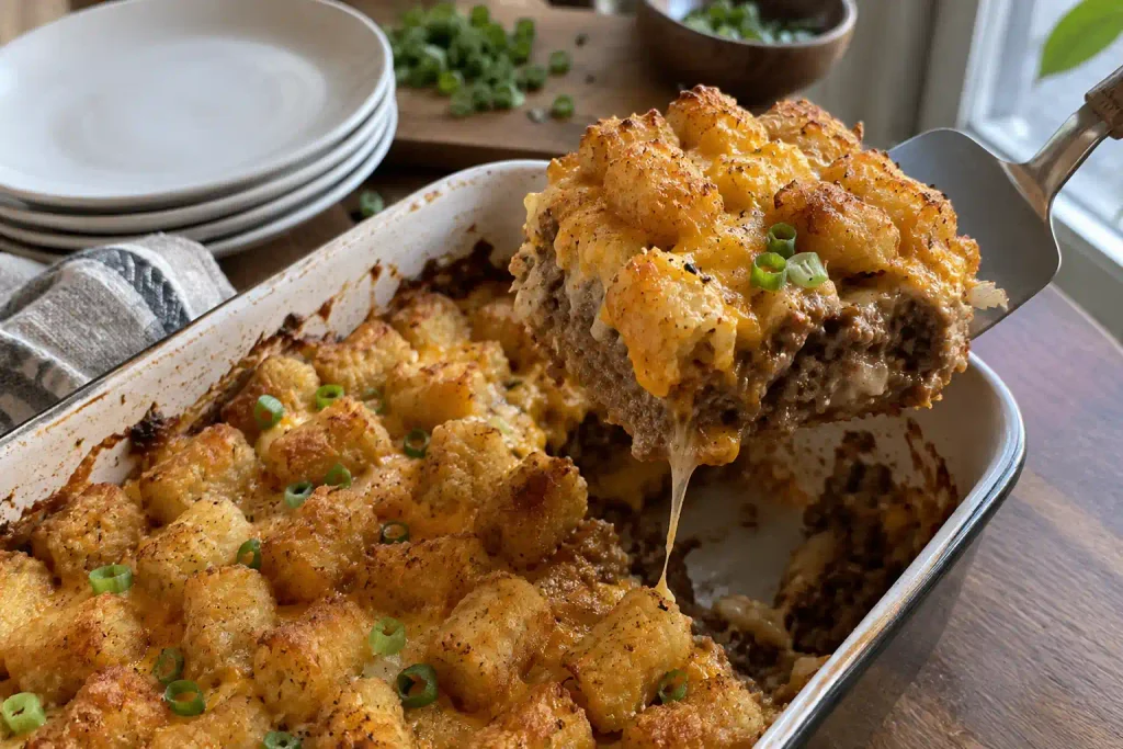 Tater Tot Casserole Recipe: Crispy Tots Over a Beef Filling, Serves 8 7 Metal spatula lifting a square of layered tater tot dinner to show the cheese and beef