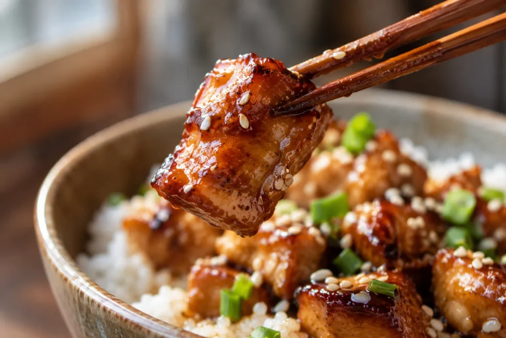 Chopsticks lifting a glossy piece of teriyaki chicken close up