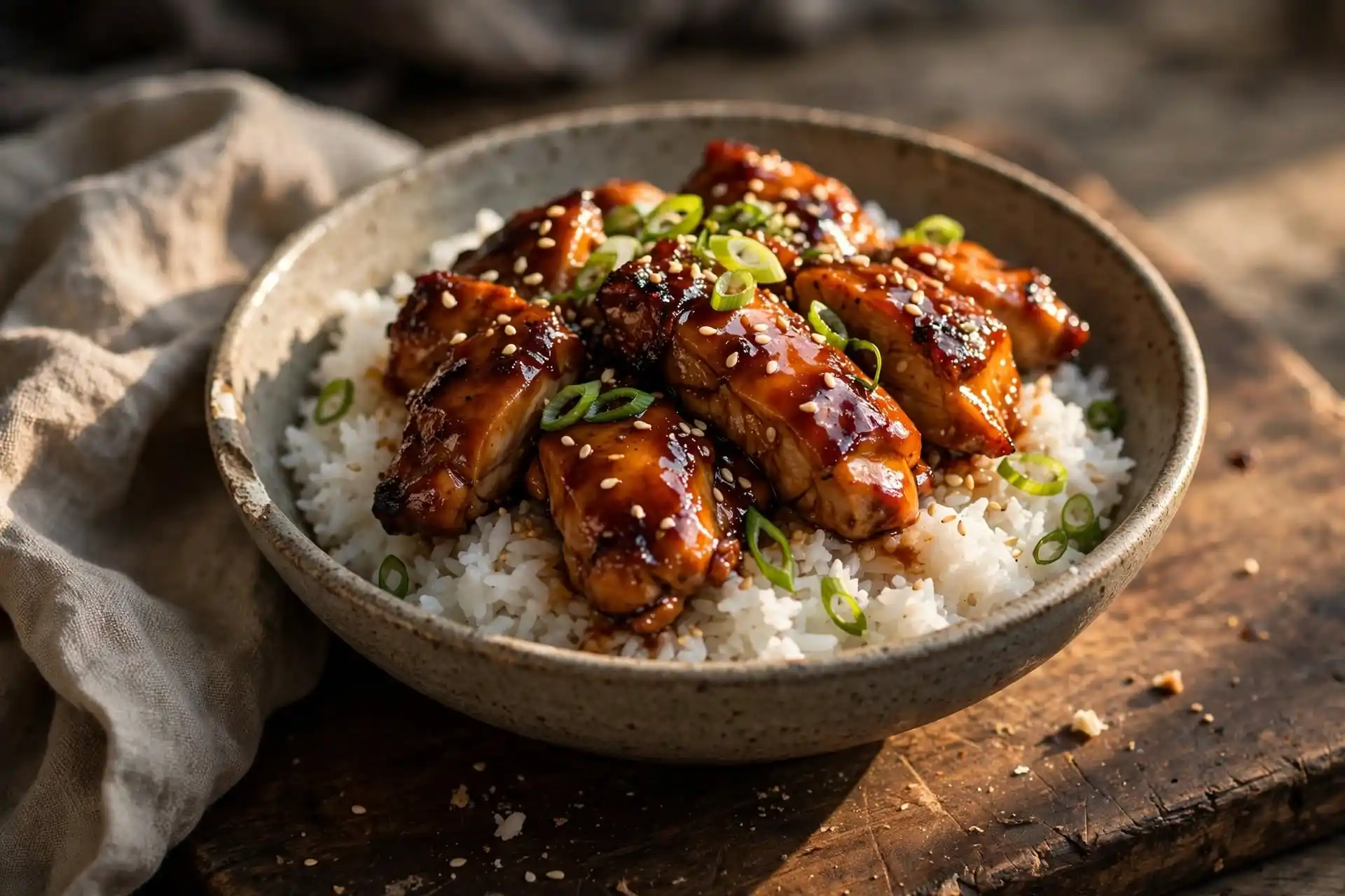 Glossy teriyaki chicken served over steamed rice with sesame seeds