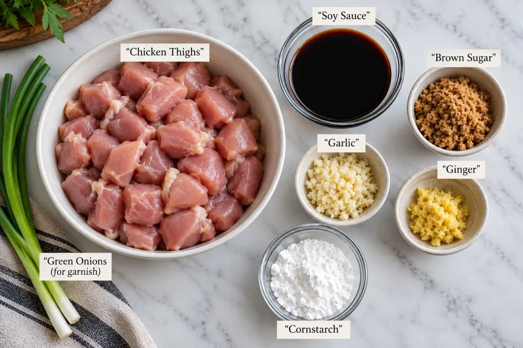 Raw ingredients for homemade teriyaki chicken sauce laid out overhead
