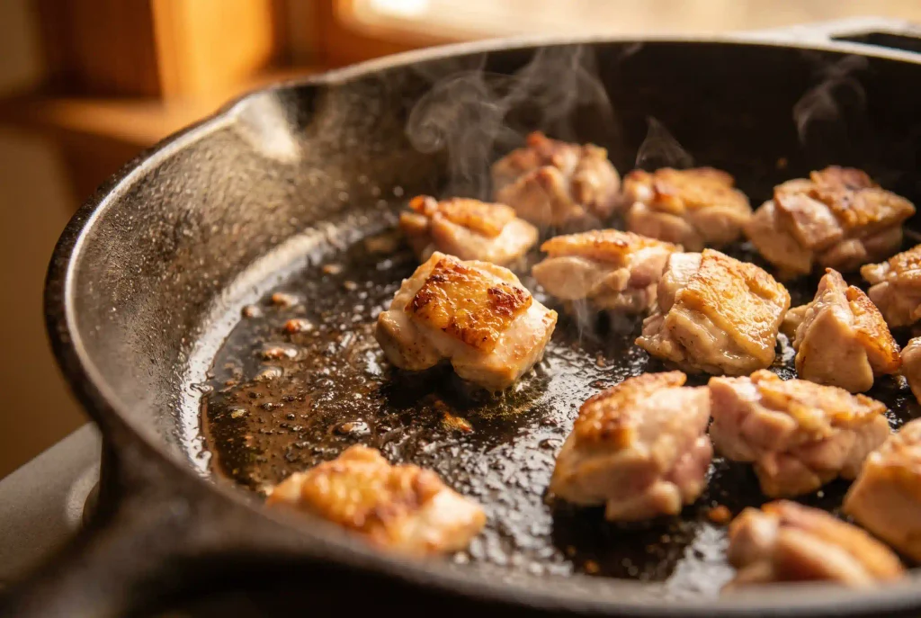 Chicken thigh pieces searing golden brown in a hot skillet