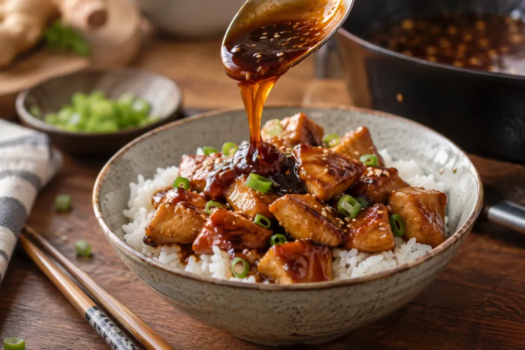 Spooning sticky teriyaki chicken glaze over a bowl of rice