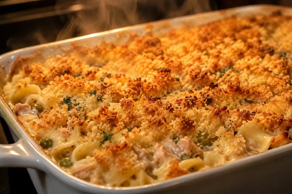 Tuna Noodle Casserole Recipe: A Creamy Bake Ready in 45 Minutes 4 Tuna noodle casserole bubbling with golden panko topping fresh from the oven