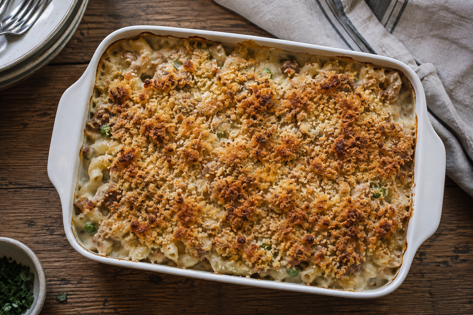 Tuna Noodle Casserole Recipe: A Creamy Bake Ready in 45 Minutes 8 Baked tuna noodle casserole with golden panko topping in a white ceramic dish