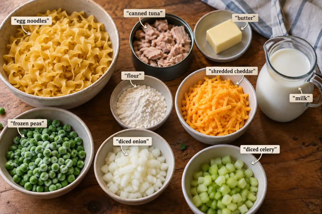 Tuna Noodle Casserole Recipe: A Creamy Bake Ready in 45 Minutes 3 Raw tuna noodle casserole ingredients arranged on a wooden board