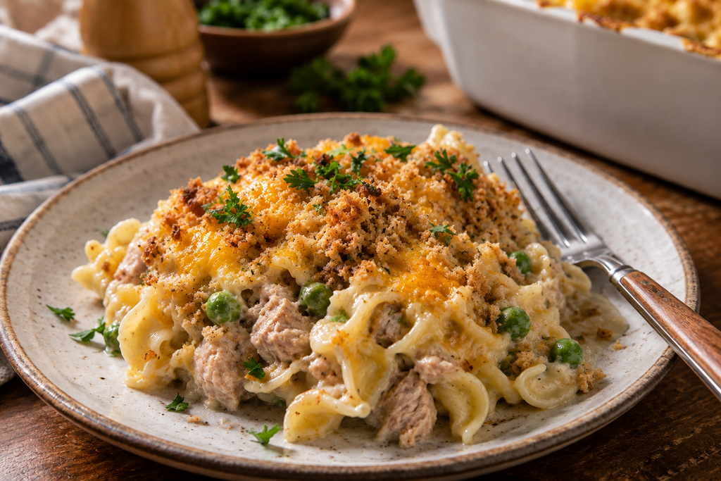 Tuna Noodle Casserole Recipe: A Creamy Bake Ready in 45 Minutes 7 Plated tuna noodle casserole serving garnished with chopped parsley
