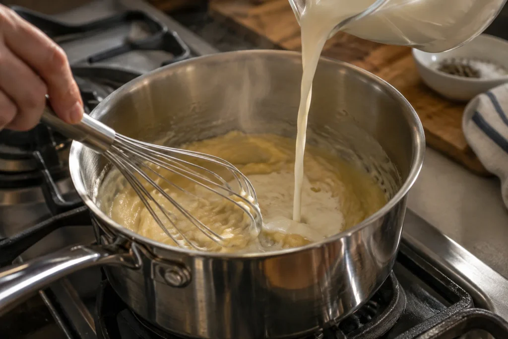 Tuna Noodle Casserole Recipe: A Creamy Bake Ready in 45 Minutes 5 Whisking milk into a homemade roux for tuna casserole sauce