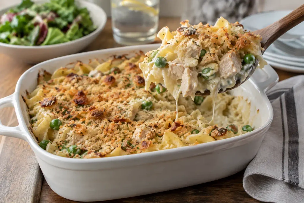 Tuna Noodle Casserole Recipe: A Creamy Bake Ready in 45 Minutes 6 Wooden spoon lifting a creamy tuna noodle casserole portion