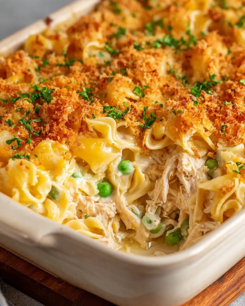 Tuna Noodle Casserole Recipe: A Creamy Bake Ready in 45 Minutes 2 Creamy tuna noodle casserole with peas, shredded tuna, golden crispy breadcrumb topping, and fresh parsley.