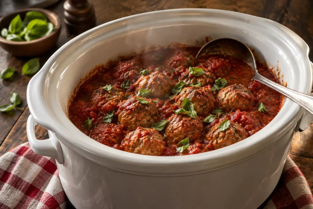 Crockpot Recipes: 12 Hearty Meals That Do the Work While You're Out 4 Turkey meatballs in red marinara sauce topped with torn basil, a ladle resting nearby