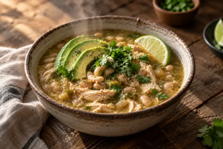 White Chicken Chili Recipe: Creamy, Ready in 40 Minutes 7 Bowl of creamy white chicken chili topped with avocado and lime