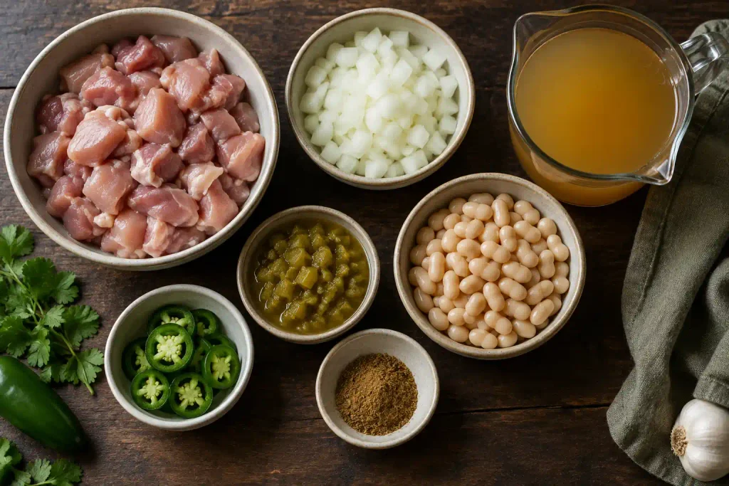 Raw ingredients for white chicken chili arranged in bowls