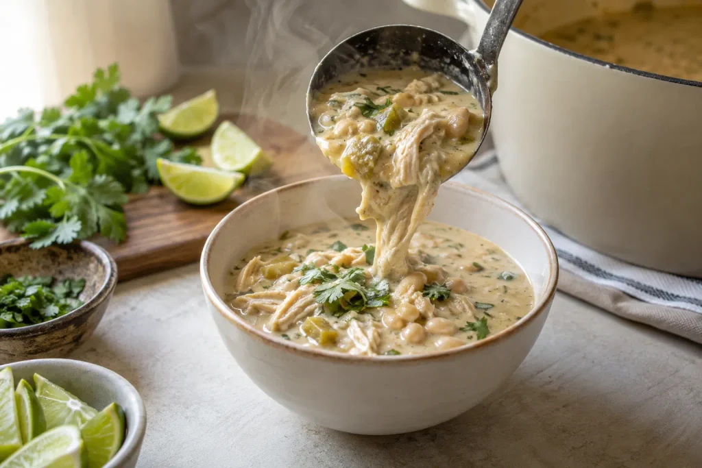 Ladle pouring white chicken chili into a bowl
