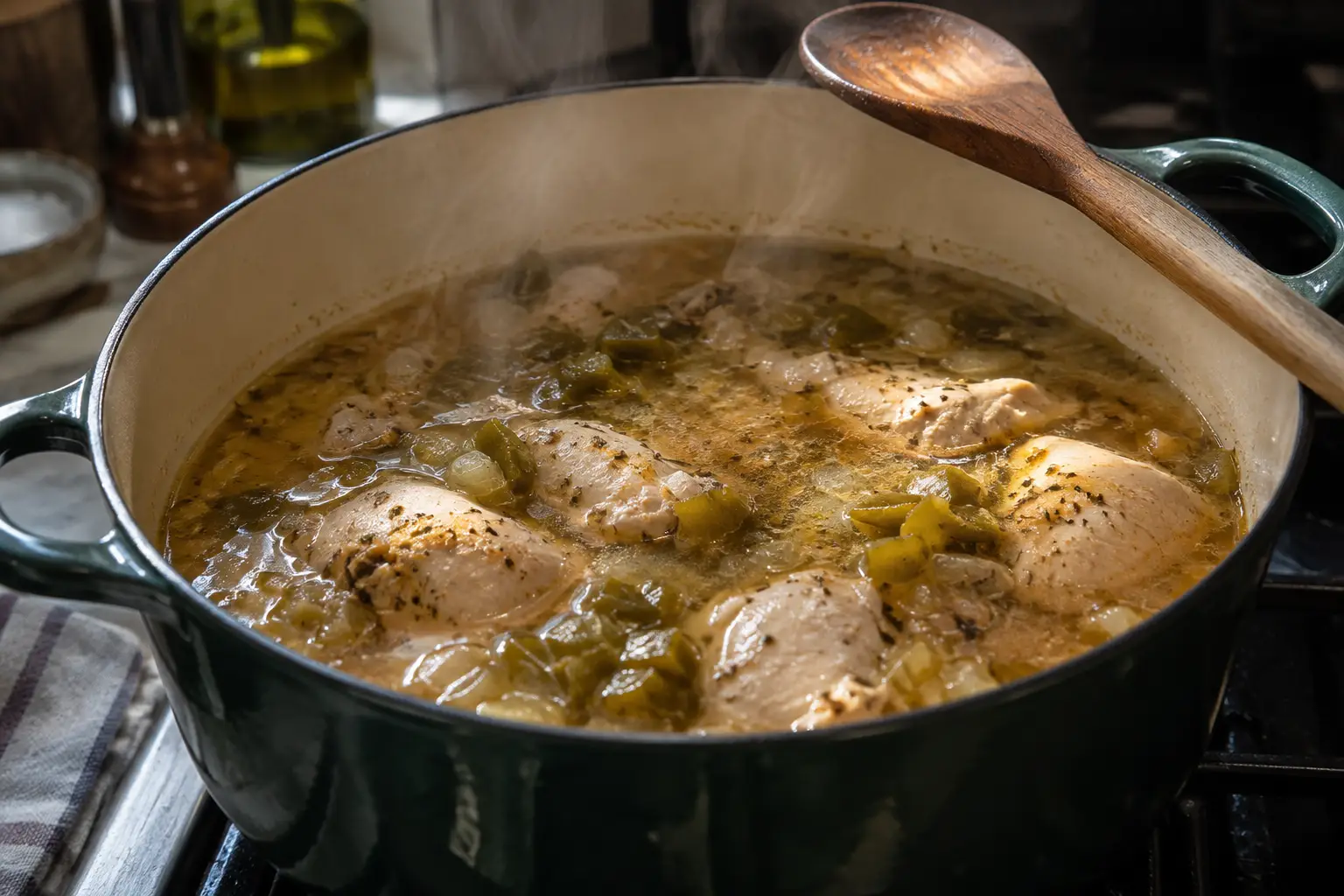Pot of chicken chili broth simmering with green chiles
