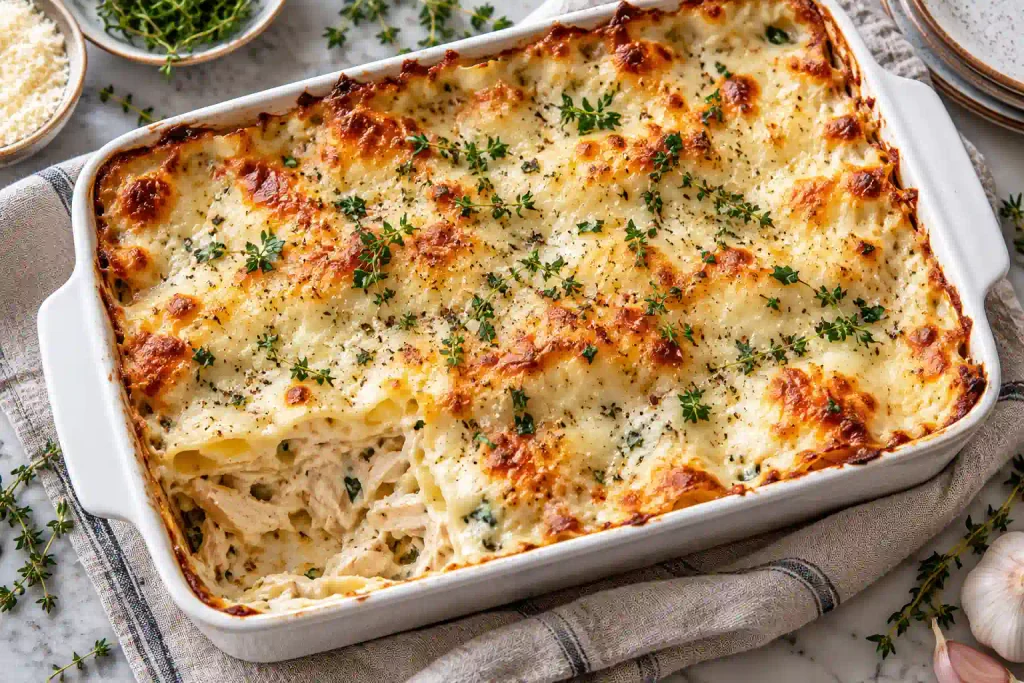 Overhead view of baked white chicken lasagna with golden bubbling cheese topping