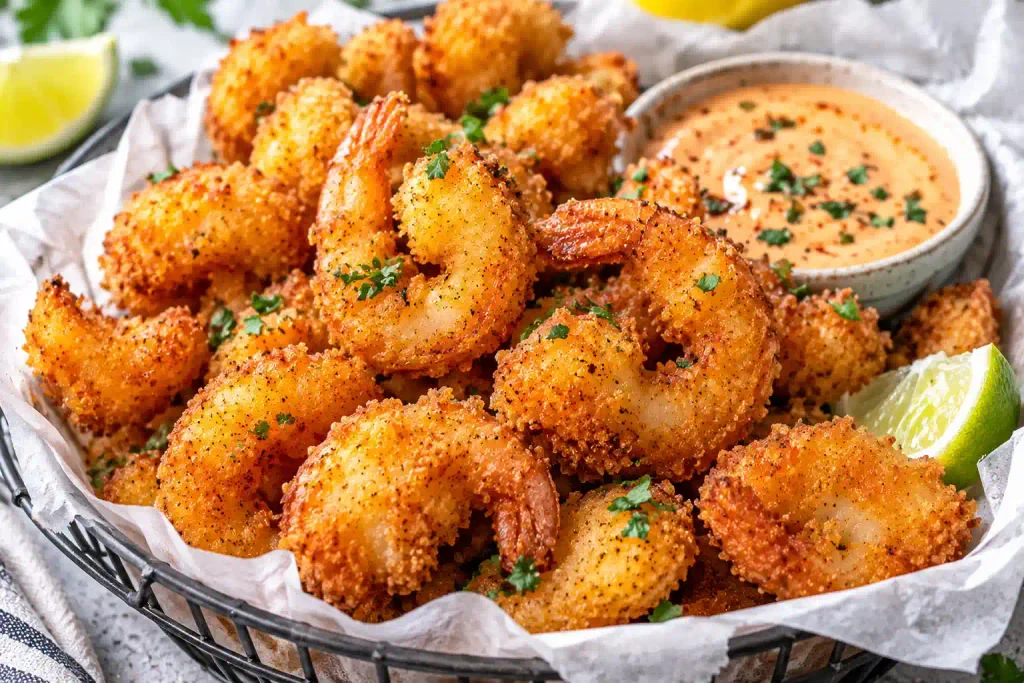 Shrimp Recipes: 12 Quick Dinners That Never Turn Rubbery 8 Golden air fryer popcorn shrimp in a basket beside orange dipping sauce