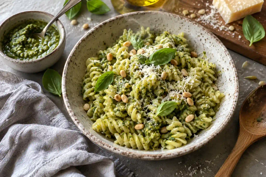 Pasta Recipes: 12 Best Dinners Timed From a Cold Pot 4 Fusilli tossed in green basil pesto with pine nuts and grated Parmesan in a stoneware bowl