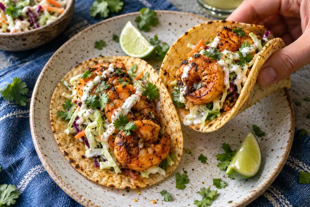 Shrimp Recipes: 12 Quick Dinners That Never Turn Rubbery 3 Two blackened shrimp tacos with lime slaw and crema on a speckled plate