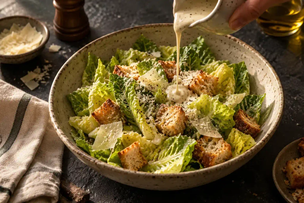 Salad Recipes: 12 Fresh Bowls Sorted by How Long They Keep 3 Pale dressing poured over romaine, croutons and parmesan in a stoneware bowl