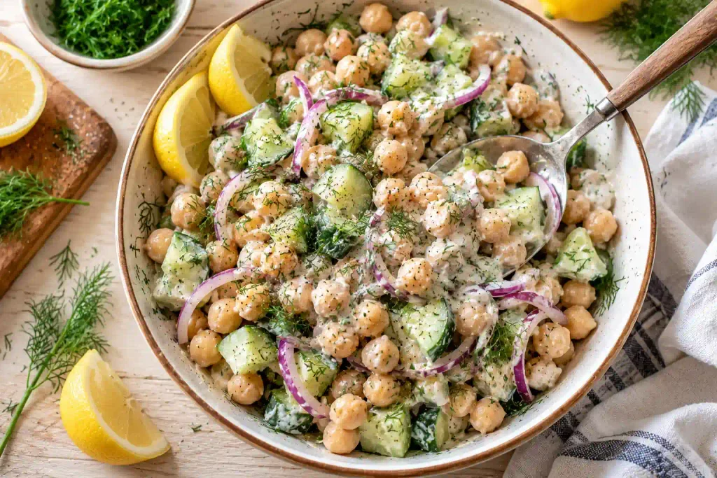 Salad Recipes: 12 Fresh Bowls Sorted by How Long They Keep 11 Spoon pulling through creamy chickpea salad with cucumber, red onion and dill