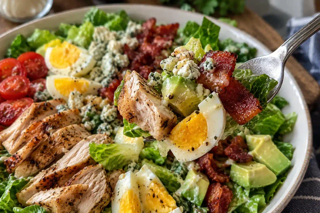 Salad Recipes: 12 Fresh Bowls Sorted by How Long They Keep 4 Fork lifting chicken, egg, avocado and crumbled cheese from a rowed Cobb salad