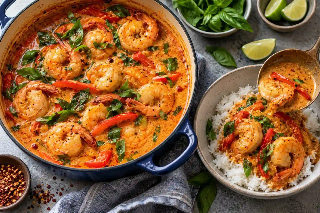 Shrimp Recipes: 12 Quick Dinners That Never Turn Rubbery 6 Red coconut curry with shrimp and bell pepper spooned over jasmine rice