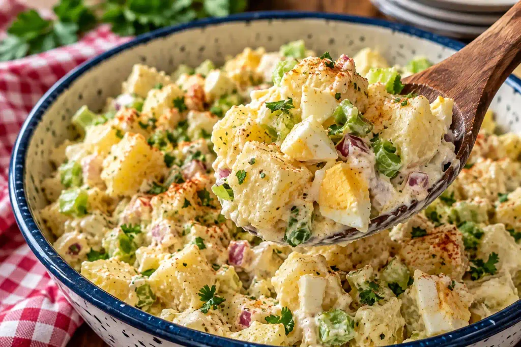 Salad Recipes: 12 Fresh Bowls Sorted by How Long They Keep 8 Wooden spoon lifting creamy potato salad with egg and celery from an enamel bowl