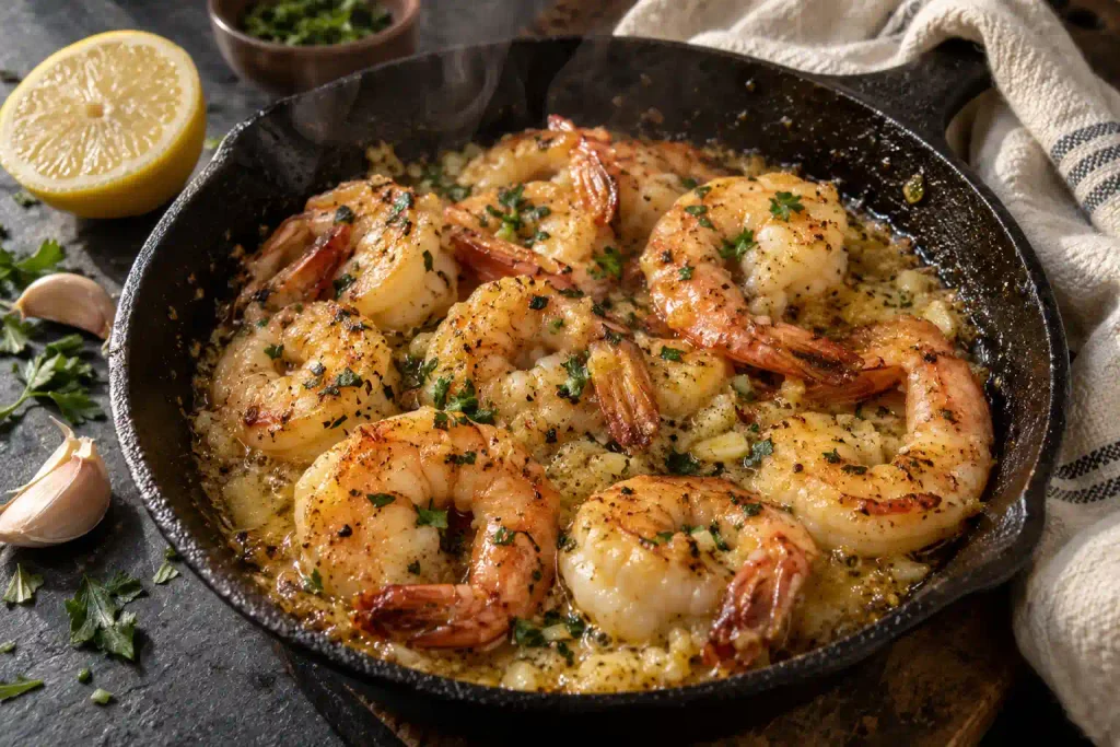 Shrimp Recipes: 12 Quick Dinners That Never Turn Rubbery 2 Garlic butter shrimp glistening in a black cast iron skillet with parsley and a lemon half