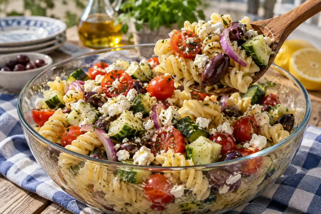 Pasta Recipes: 12 Best Dinners Timed From a Cold Pot 10 Glass bowl of Greek pasta salad with rotini, cucumber, tomatoes, olives and feta