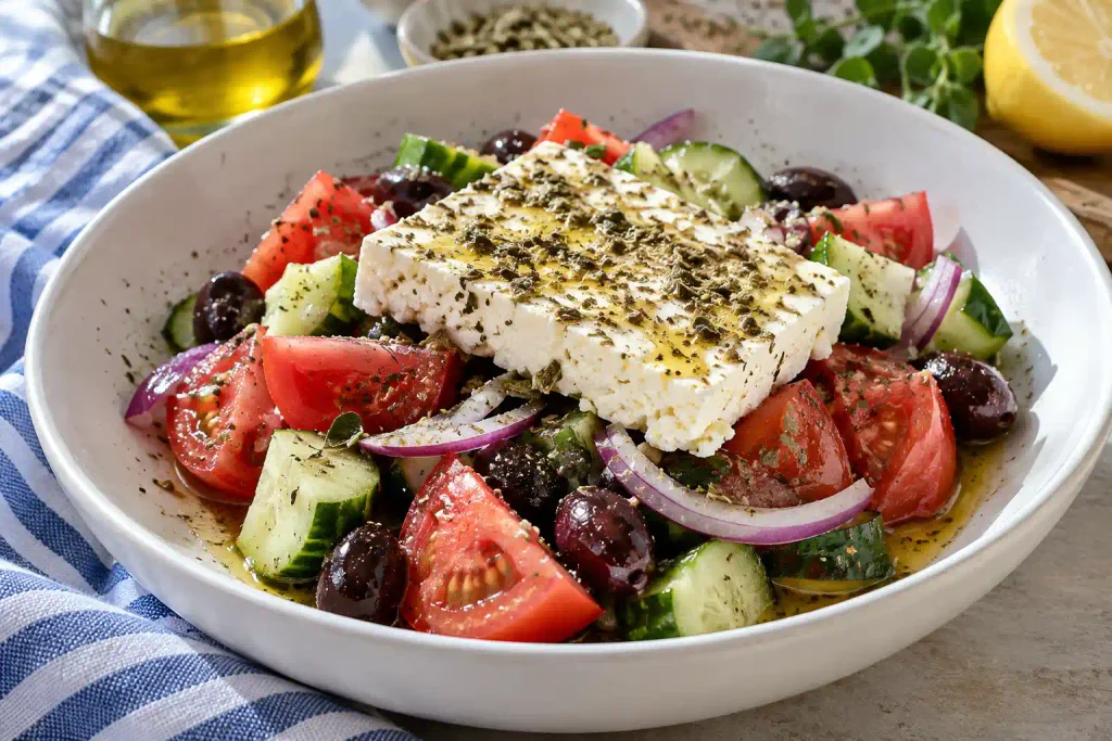 Salad Recipes: 12 Fresh Bowls Sorted by How Long They Keep 5 Greek salad with tomato wedges, olives and a whole feta slab in a white bowl
