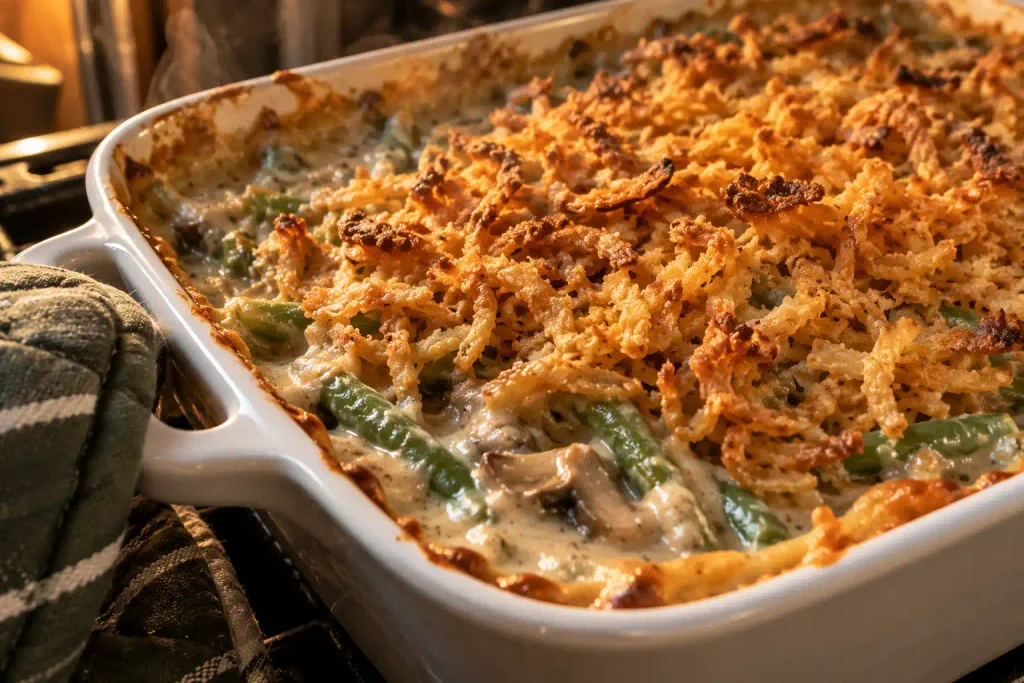 Bubbling edge of an easy green bean casserole with toasted onion topping, fresh from the oven