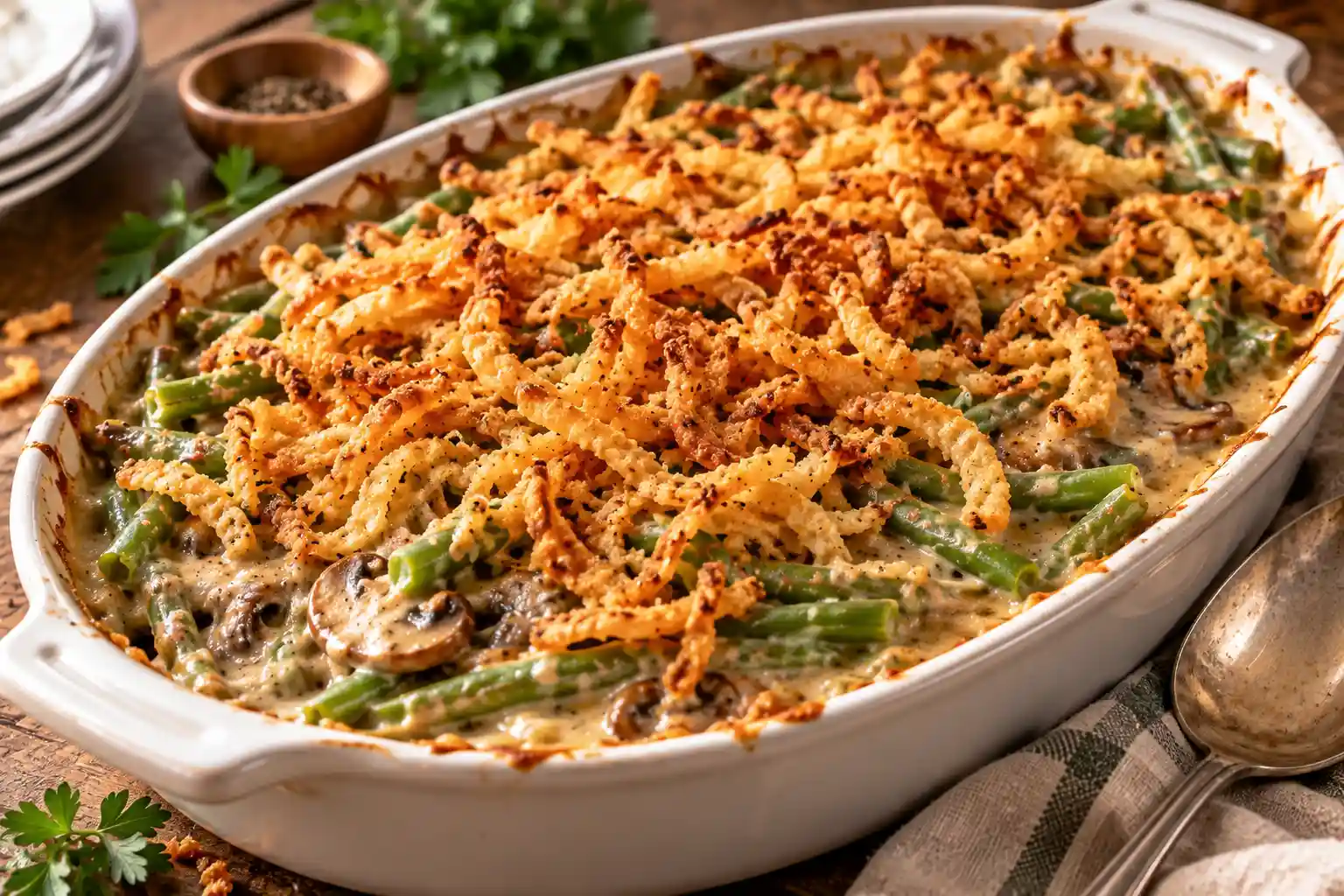Baked green bean casserole with golden fried onions in a white ceramic dish on a wooden table