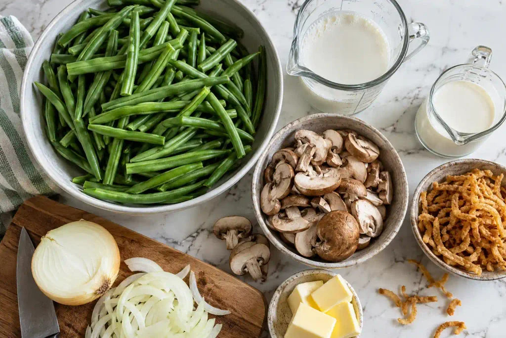 Fresh green beans, cremini mushrooms, cream and fried onions laid out for homemade green bean casserole