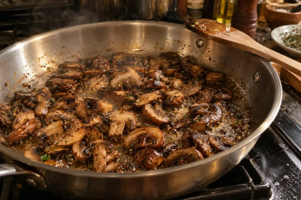 Cremini mushrooms browning in butter in a steel skillet for a creamy green bean casserole sauce