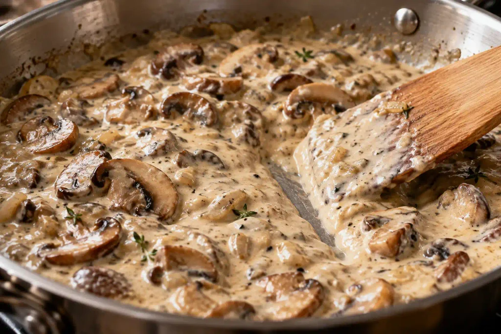 Spatula line holding open in thick mushroom cream sauce for a green bean casserole made from scratch
