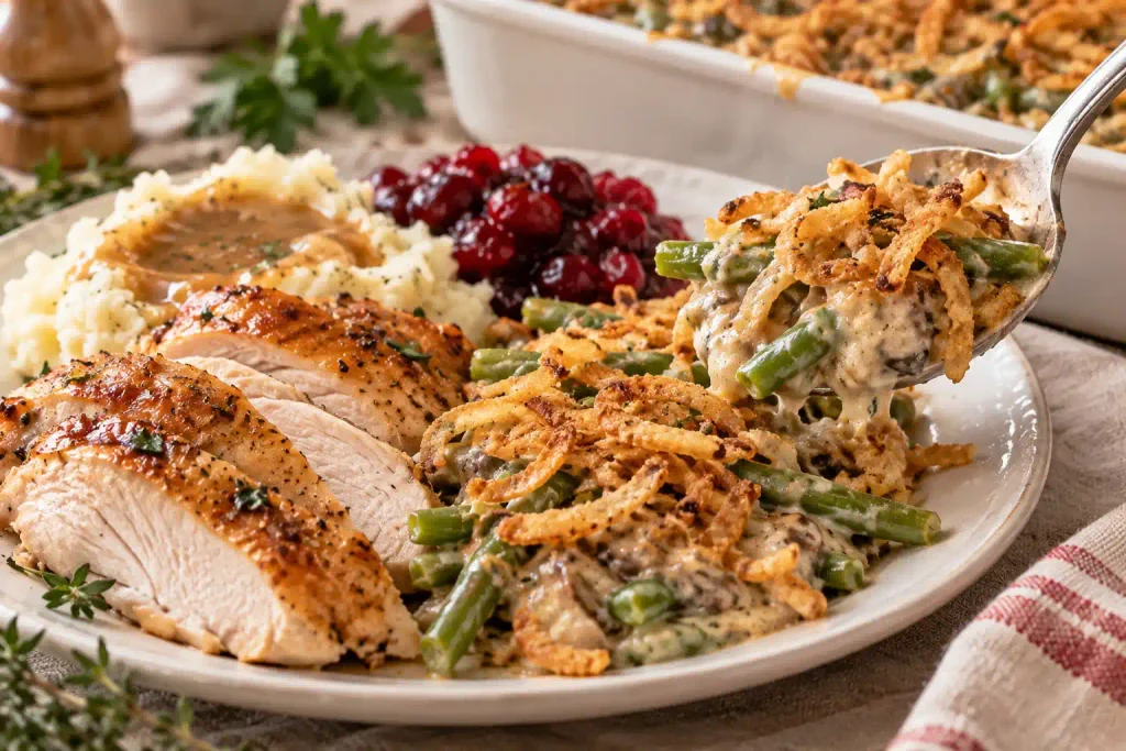 Scoop of creamy green bean bake served on a dinner plate with roast chicken and cranberry sauce