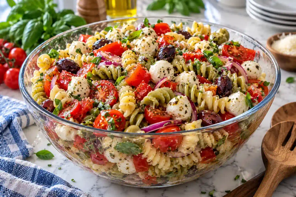 Salad Recipes: 12 Fresh Bowls Sorted by How Long They Keep 9 Glass bowl of rotini pasta salad with cherry tomatoes, mozzarella pearls and olives